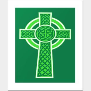 St Patrick's Day Celtic Cross Green and White Posters and Art